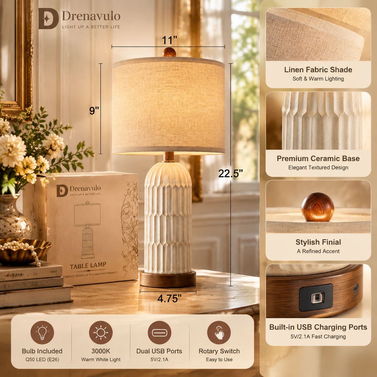 Drenavulo® Vintage Ceramic Table Lamp
