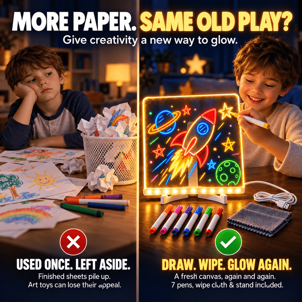 Kids’ LED Glow Drawing Board – Reusable DIY Art Kit with 7 Color Pens, Wipe Cloth & Stand