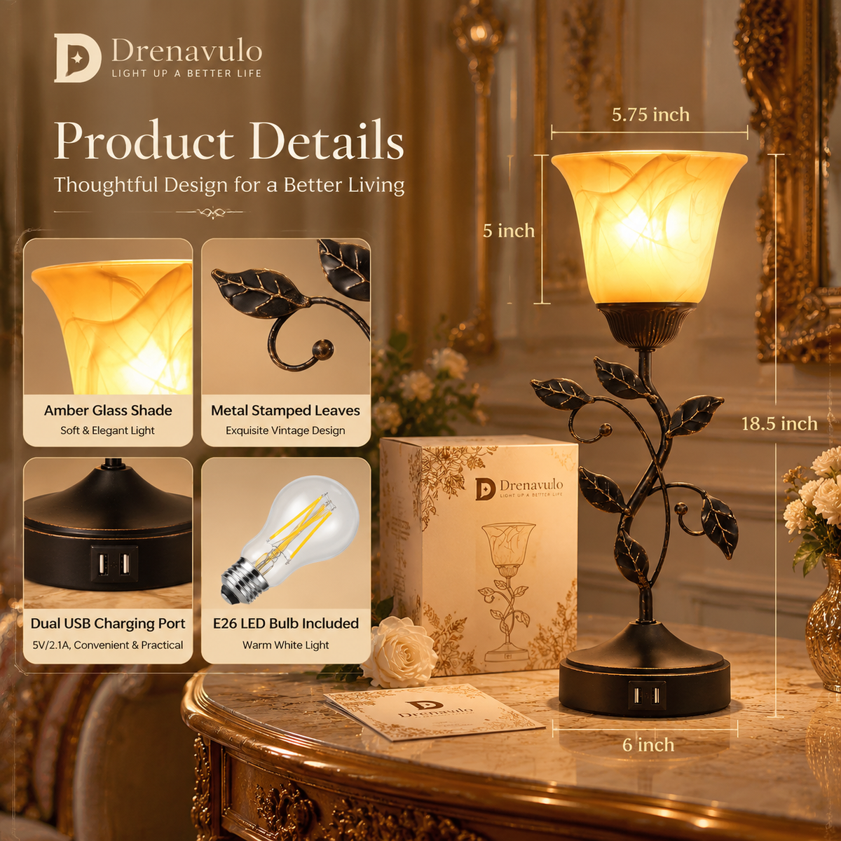 Drenavulo® Vintage Leaf Glass Table Lamp