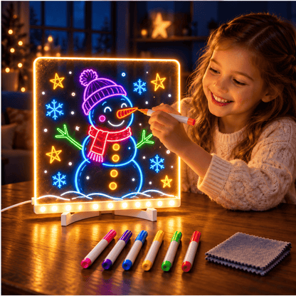 Kids’ LED Glow Drawing Board – Reusable DIY Art Kit with 7 Color Pens, Wipe Cloth & Stand