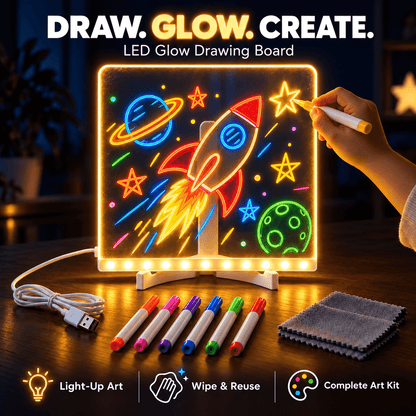 Kids’ LED Glow Drawing Board – Reusable DIY Art Kit with 7 Color Pens, Wipe Cloth & Stand
